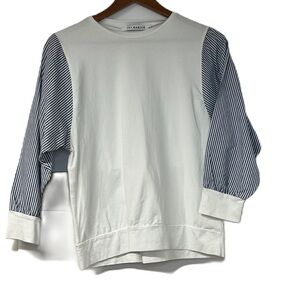 Jay Basics sz L statement sleeve blue white striped 3/4 sleeve cotton soft class